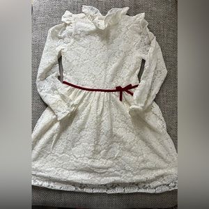 Janie and Jack Cream Lace Dress with Red Bow